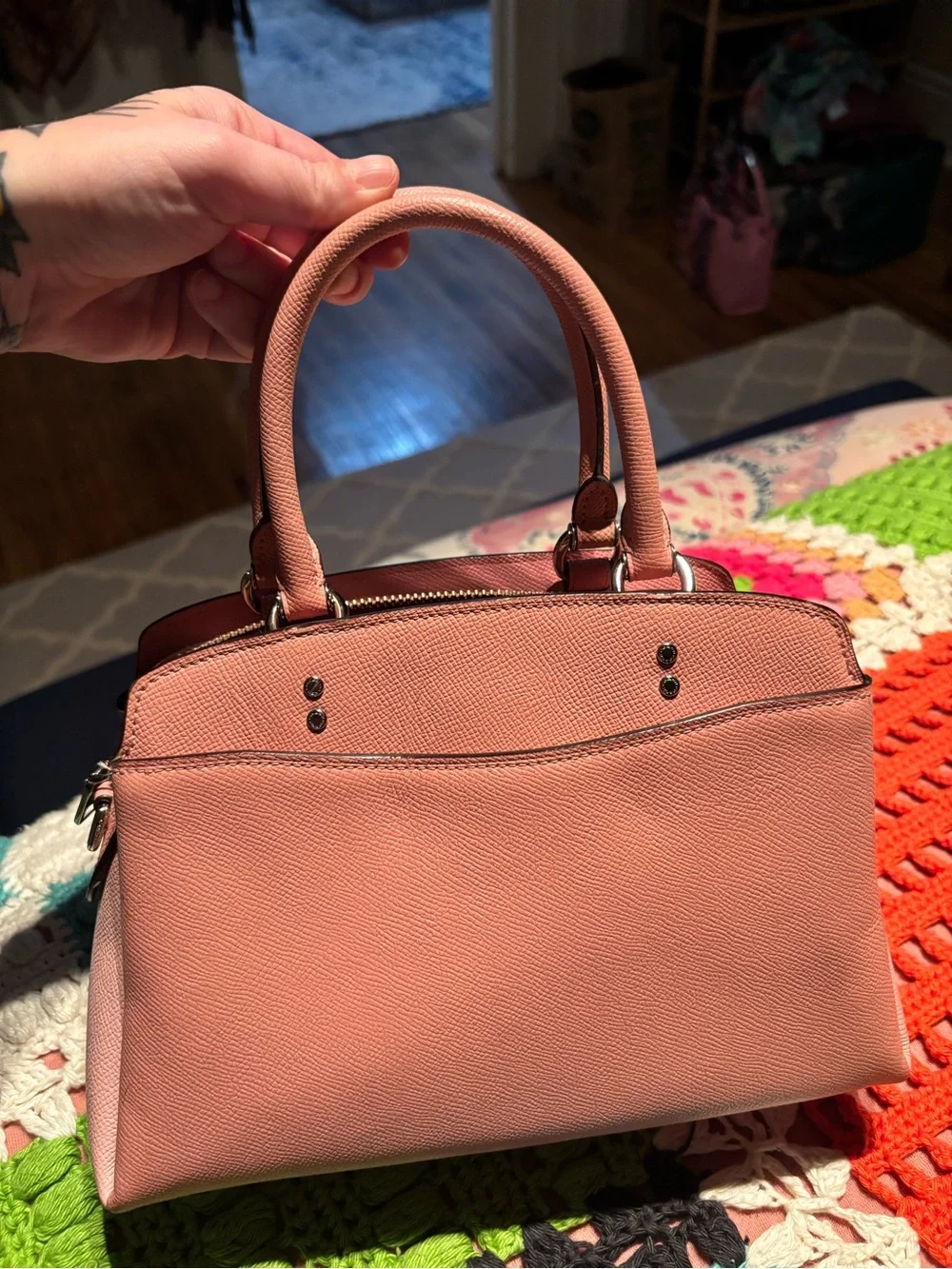 Coach Pink Floral Appliqué Satchel with Red & Cream Accents